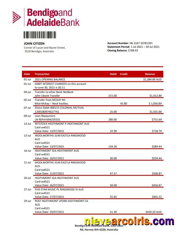 Australia Bendigo and Adelaide Bank bank statement